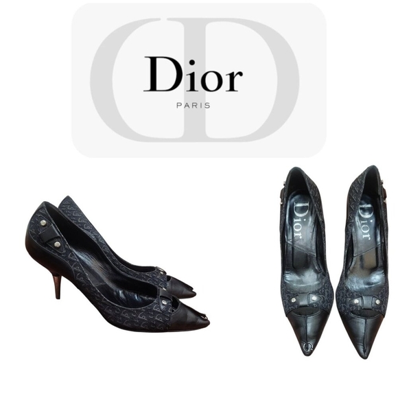 Christian Dior Monogram Heels 36 Black Logo Canvas Leather Pointed Toe Pumps - Picture 1 of 14